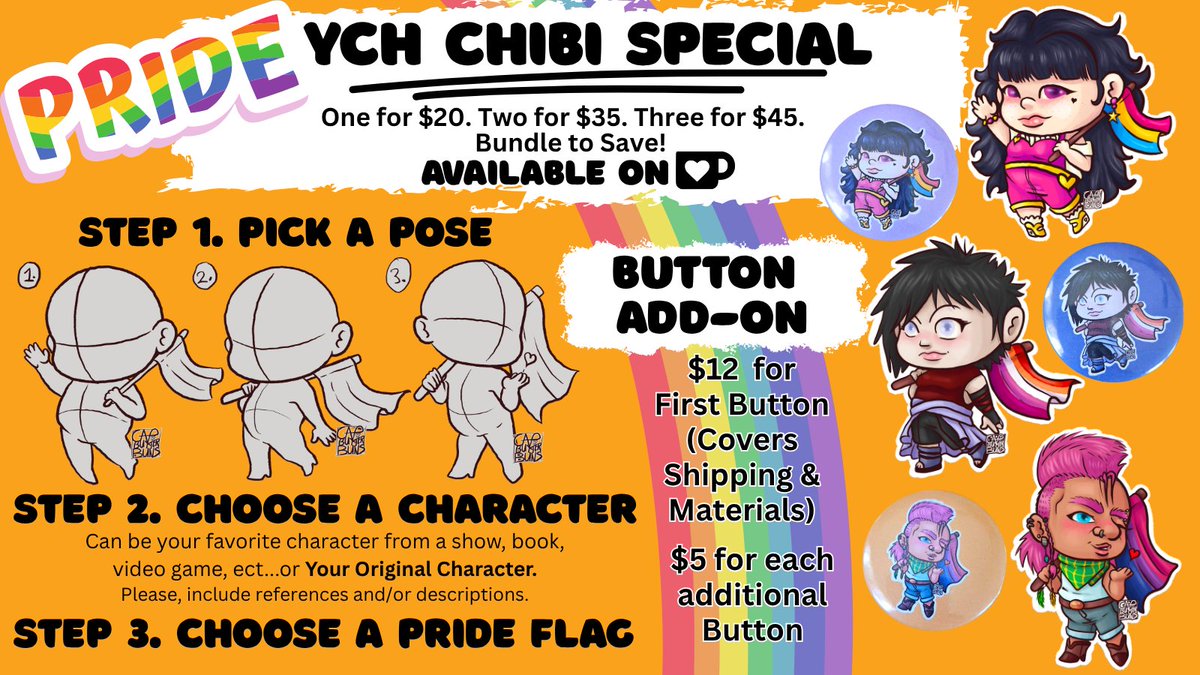 CapButterBuns's tweet photo. June is here, and it's a fantastic time to celebrate Pride. Get an adorable chibi of your fav fictional character or your OC.

1 for $20. 2 for $35. 3 for $45.

Pride Chibi YCH Commissions: https://t.co/B7Sj66efKx

25% Pride26🌈Etsy sale:  https://t.co/TjmAicUaZN
#Pride #art https://t.co/P8OZSiy9mD