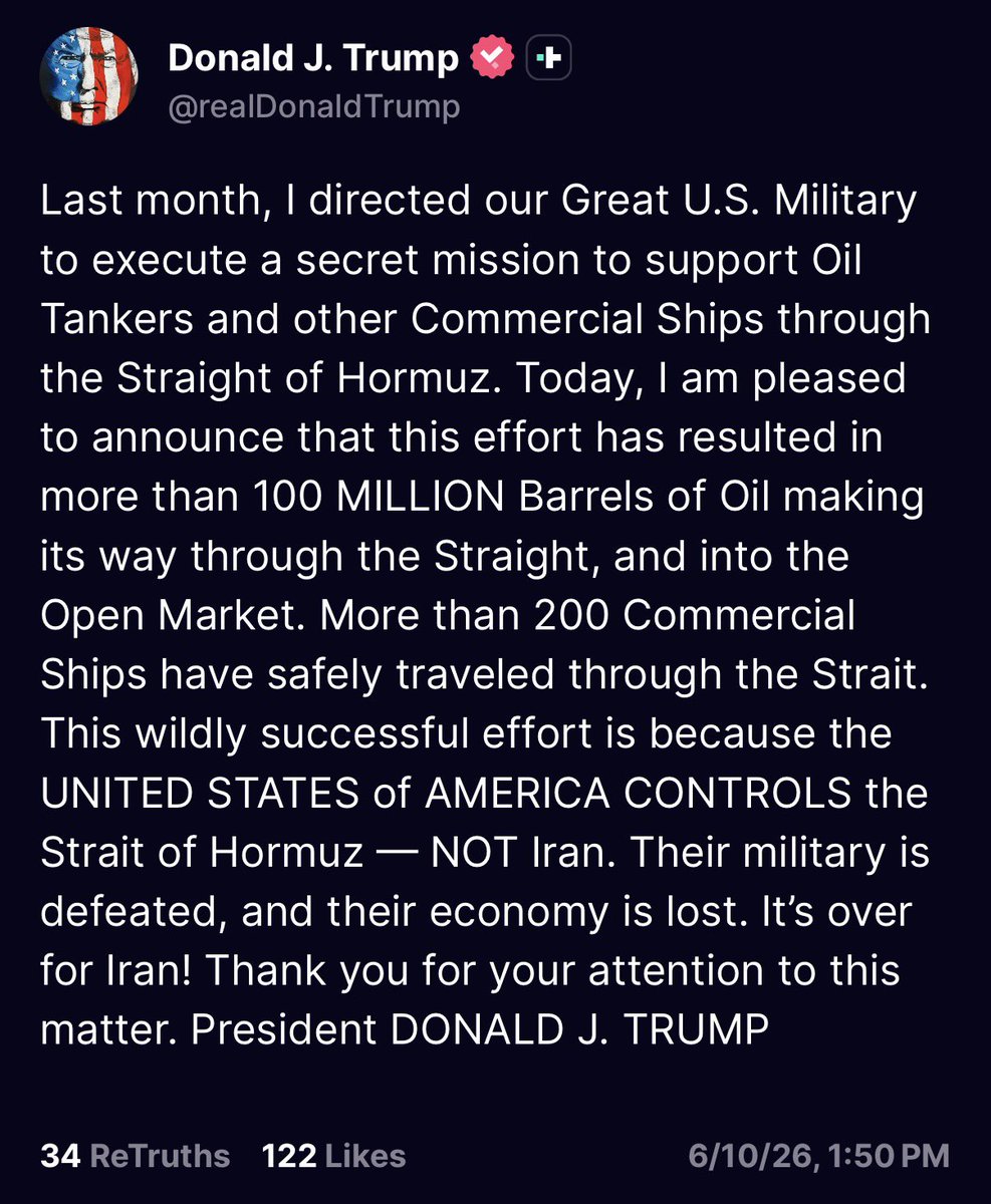 mercoglianos's tweet photo. President Trump has posted that 100 Million barrels of oil are making its way through the Strait.

This appears to be what is happening.

⚓️President Trump and @CENTCOM announced Project Freedom to escort ships through the Strait.  The US evacuated two US ships but then curtailed the operation. 
⚓️It appears that the US resumed the operation using autonomous vehicles, aircraft and drones to escort ships through the southern part of the Strait, near the coast of Oman.
⚓️Iran has responded with targeting of some ships, these include HMM Namu and CMA CGM San Antonio. The US has responded with airstrikes against Iran.
⚓️ What has transpired is tankers, including Very Large Crude Carriers are exiting the Persian Gulf.  Then, per @TankerTrackers, the VLCCs are conducting ship-to-ship (STS) transfers to other tankers in the Gulf of Oman.
⚓️The empty tankers, which ran the Strait with their AIS, run back through the Strait to pick up a new load of oil from the UAE, Saudi Arabia, Bahrain, Qatar or Iraq.
⚓️The Apache helicopter that recently crashed was probably a part of this operation. 
⚓️This explains why we have not seen an appreciable drop in the number of ships stuck in the Persian Gulf.  By running the same ships, war risk insurance, potentially provided by the US through the Development Finance Corporation (DFC) through a pool of approximately of $40 billion, could be covering these ships making the transits.
⚓️This would also explain the recent announcement by Kuwait to fix new contracts for its oil.
⚓️The question is how long is  this sustainable and at what level is oil moving daily.  With current pipelines through Saudi Arabia and the UAE, this system would need to move approximately 12-14M barrels/day through the Strait.

This analysis is based on open source material, but big shout  out to @TankerTrackers @Kpler @MarineTraffic @LloydsList @gCaptain for their postings and research.