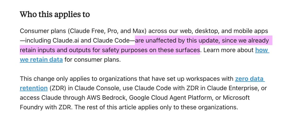snackermans's tweet photo. Hey @ClaudeDevs can you help clarify the Fable 5 automatic 30-day retention? Is it just for enterprise users? And what about for consumer plans where users opt out of sharing data to improve the models? Support page is not clear. https://t.co/zarTe1exlE