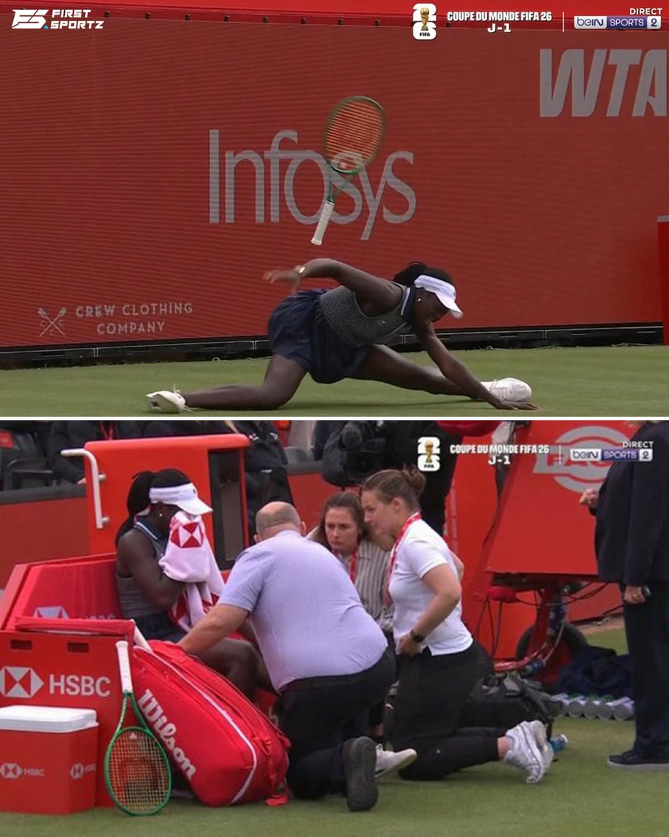 FS_Tennis1's tweet photo. Victoria Mboko was forced to retire from her match against Karolína Plíšková at Queen’s Club while trailing 2-6, 3-4 🤯

Really tough moment to witness so close to Wimbledon. Her doubles partnership with Serena Williams now seems doubtful ❤️‍🩹 https://t.co/qaNVWOh9C2
