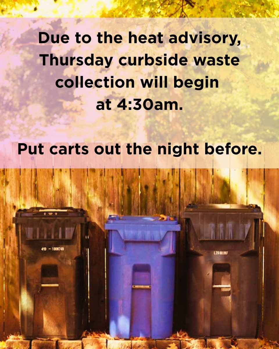 livegreenlex's tweet photo. ☀️ Heat advisory waste collection info 

🗑️ Thursday curbside waste collection will start early, at 4:30am. This is for anyone who has City of Lexington waste, recycling &amp; yard waste collection.

🌙 Put your carts out the night before so you don’t miss it! https://t.co/LkRoBuy8ni