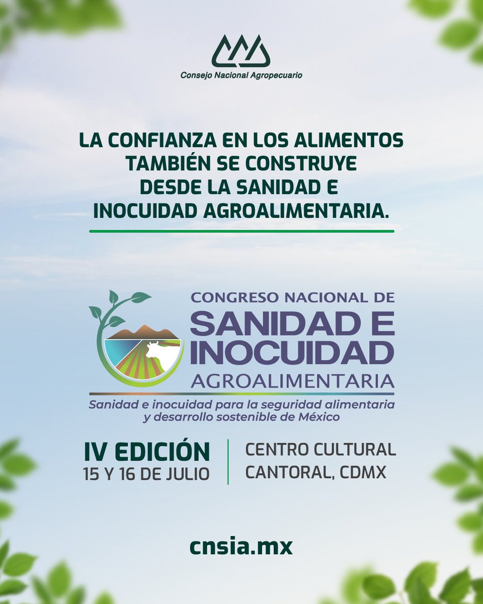 CNAgropecuario's tweet photo. La sanidad e inocuidad agroalimentaria son fundamentales para la competitividad, sostenibilidad y #seguridadalimentaria de México.

Ante los nuevos retos del sector, el diálogo y la colaboración entre industria, autoridades y especialistas son más importantes que nunca.

En el #CNA realizaremos la IV Edición del #CongresoNacionalDeSanidadEinocuidadAgroalimentaria.

📍 Centro Cultural Cantoral, CDMX
📅 15 y 16 de julio, 2026
Inscríbete: https://t.co/dKiPEwqjlP