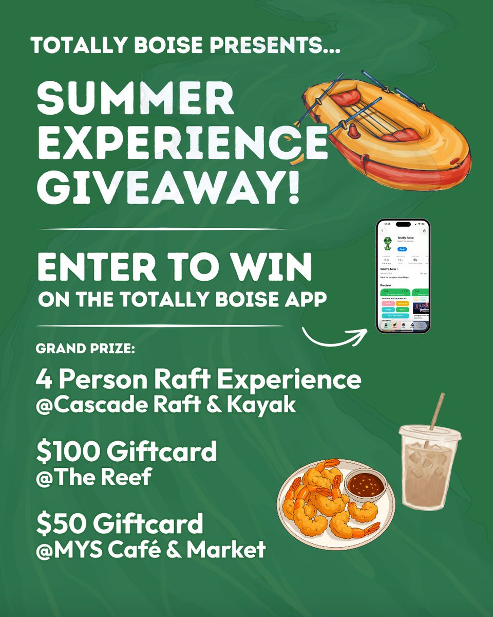 TotallyBoise's tweet photo. This is what a Boise summer looks like. 🏔️ A 4-person raft trip, $100 to The Reef, and $50 to MYS Café &amp; Market are up for grabs. Enter on the Totally Boise App! Download it free on the App Store! 📲 @cascaderaft @reefboise @myscafemarket https://t.co/bGiW2klQ0b