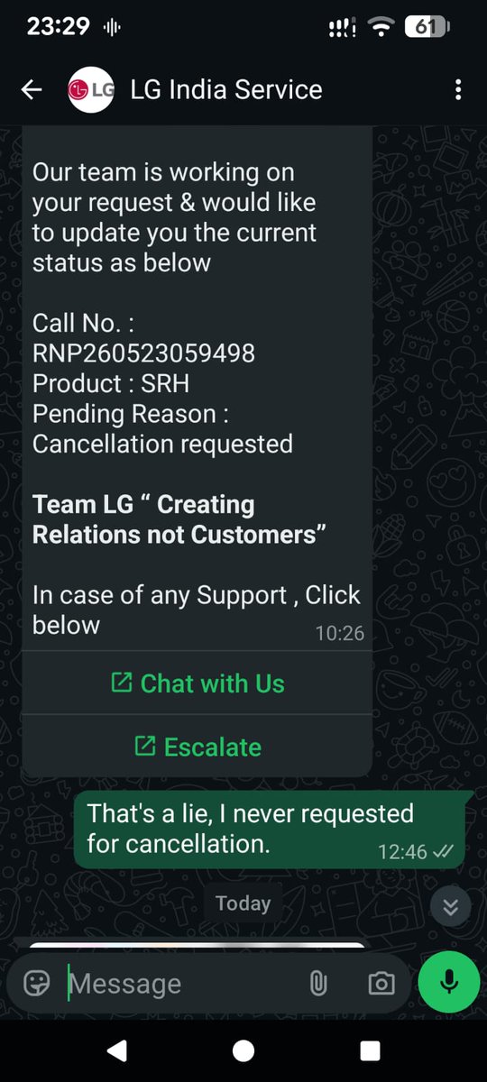 pranjalzen's tweet photo. Hey @LGIndia, how long does an executive office intend to ghost a consumer family while an entire household suffers? It has been 22 agonizing days since we purchased a brand-new, latest-launched 2026 model LG Split AC (Model: AS-Q20ENZE) along with a 4-year Gold AMC from your authorized showroom, SHRI MANGLA ELECTRONICS (Kamla Nagar, Delhi - 110007).

The total financial commitment for this transaction was Rs. 60,450, with the exact breakdown as follows:

a. AC Cost: Rs. 46,200
b. 4-Year Gold AMC: Rs. 11,300
c. Freight Charges: Rs. 150 (paid in cash)
d. Installation Charges: Rs. 2,300 (paid to your technician Mr. Sagar via UPI)
e. Old AC Uninstallation Charges: Rs. 500 (Mr. Sagar explicitly asked me to pay this in cash)

What should have been a premium consumer experience has instead exposed an absolute collapse of LG’s product quality assurance, a total breakdown in corporate governance, and a shocking level of ground-level fraud.

Here is the precise, undeniable chronological timeline of how LG India treats its consumers:

a. 21st May (The Core Defect): The unit was installed by your team led by Mr. Sagar. The moment the machine was turned on, the outdoor unit emitted a severe, disruptive humming noise. Your technician dismissed it with a technically absurd justification that a new machine "needs a day of running to settle."

b. 23rd May (Gross Quality Control Failure): Engineer Mr. Deepak visited. Upon inspection, he dismantled the outdoor unit to check if the factory had forgotten to install the compressor insulation—a staggering admission regarding LG's manufacturing standards on a brand-new 2026 model. During diagnostic testing, I observed his phone logging an input current drawing 8.5 Amperes in normal cooling mode vs the specified 5.2 Amperes. I took a photo of this log as concrete evidence and shared our noise recordings with him. He casually blamed the gas and claimed it required a total refill on a day-old machine.

c. 24th May (Internal Disconnection): Customer care had zero records logged from the previous day. A second engineer, Mr. Sunny, was dispatched. He completely contradicted the first engineer, stated the gas was fine, admitted he lacked the authority to issue a replacement, and promised his seniors would call. No senior ever contacted us.

d. 30th-31st May (The Forced Field Experiments): Engineer Mr. Neeraj tightened a screw (which changed nothing) and blamed the structural angle irons on which the outdoor unit is installed. On 31st May, your team uninstalled the AC and re-installed it at a completely different location purely to fulfill LG’s testing procedures. The severe humming noise persisted. Having conclusively proved the unit was defective, they recorded video evidence, stated that the factory replacement process had been formally initiated, and bolted the defective unit back onto our wall.

e. The Systemic Fabrication & Corporate Fraud: Parallel to this ordeal, your ground teams began actively manipulating your backend CRM system to protect their internal metrics. We began receiving automated WhatsApp alerts from LG aggressively pushing us to share a cancellation code for Ticket No: RNP260523059498, citing completely fabricated reasons: "Customer post-poned engineer's visit" and "Customer requested cancellation." This is a blatant, shameful lie. We never postponed a visit, nor did we ever request a cancellation.

f. 3rd June (The Breaking Point): After days of silence, I called Engineer Neeraj thrice; he completely ignored my calls. I called customer experience, who had zero updates except a "pending" status. When I demanded an escalation number, they routed me to the assigned local service center. The representative there was entirely clueless, flatly refused to check my case history in the system, and had the absolute audacity to tell me he was "busy with lunch" and to call back later before hanging up.

g. 3rd June (Escalation to MD Office): Utterly fed up with this mockery, I wrote directly to the LG MD Office on this very same day, providing the full name, showroom invoice, and contact numbers of every employee involved. I was formally acknowledged via email and explicitly promised a call from the Head Office within 24 hours. To this date, no one from your head office has ever called.

h. 5th June (The Empty Escalation & Shameless Pressure): We received an official message stating that our complaint was registered under Escalation No: VCP260605013235. On that exact same day, an LG engineer named Harish called my father. Instead of providing a resolution or a timeline for the promised factory replacement, he shamelessly pressured my father to share the cancellation code over the phone to clear the ticket from their system. We flatly refused and did not share any cancellation code with him.

i. 7th-8th June (The Social Media Brush-off): I DM’ed your social media team on X to demand an urgent update. On 8th June, I received a completely automated, copy-pasted generic response stating that the relevant team would be in touch shortly.

The Current Crisis:
Today is 11th June. It has been 22 days since purchase, 7 days since the MD Office broke its 24-hour promise, and we still have zero visibility on the status.

Meanwhile, our entire family—including super-senior citizens nearing 90 years of age—is facing severe sleep deprivation because of this defective, loud noise-making machine. Furthermore, we are all living under constant anxiety regarding whether a machine drawing 8.5A instead of 5.2A poses a severe electrical or fire safety hazard to our home.

Mr. MD #HongJuJeon, we did not pay a premium amount of Rs. 60,450 to have our home treated as an R&D experimental lab, nor did we pay to be harassed by deceptive field staff trying to force complaints shut on a flagship product.

I have attached the following evidence directly to this post:

1. The official product specification plate proving the unit is strictly rated for 5.2 Amperes.

2. The photo of the technical diagnostic log taken by your engineer on 23rd May showing the unit drawing a dangerous 8.5 Amperes.

3. Screenshots of the automated WhatsApp and SMS messages showing your team fraudulently trying to force us to share a "cancellation code."

Given the total breakdown of ethics, technical competence, and quality control, we completely reject any repair or replacement. We demand an immediate, full refund of our money (Rs. 60,450) and the prompt removal of this defective appliance from our premises.

Act on Escalation No: VCP260605013235 and Ticket No: RNP260523059498 immediately. The consumer account is registered under my father's name. I have already provided the full list of staff phone numbers to the MD office on 3rd June, and I am prepared to share them via DM here the moment an actual senior corporate authority with real power to execute our refund contacts me.

@LGIndia @jagograhakjago 
#HongJuJeon #ConsumerProtection