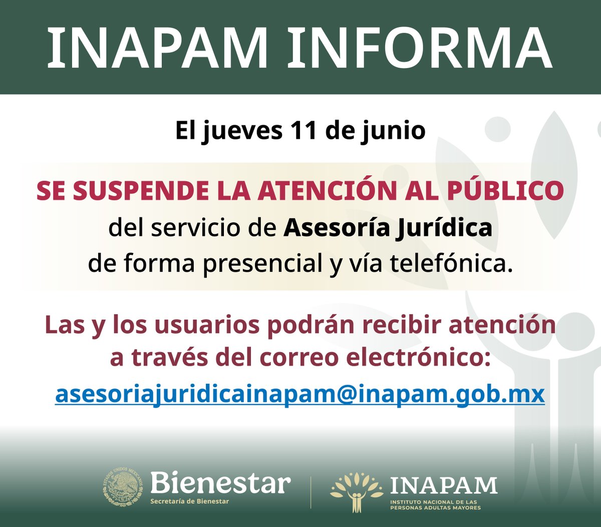 INAPAM's tweet photo. 🔴Se #Suspende🔴el #Servicio #Presencial de #AsesoríaJurídica #INAPAM este jueves 11 de #Junio podrán #Enviar su #Solicitud al siguiente #CorreoElectrónico asesoriajuridicainapam@inapam.gob.mx
#Reanudamos actividades #Presenciales el #Viernes 12 de #Junio https://t.co/4pPT4aRyhJ