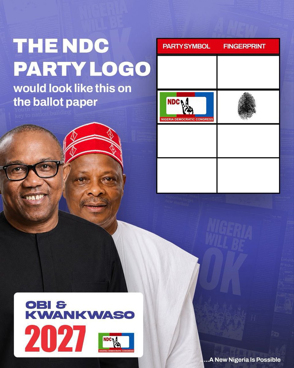 Abdulazeez7yola's tweet photo. 🇳🇬 50 million Nigerians deserve a president who has already proved he can govern. Peter Obi has that proof. The NDC has his candidacy. The green-red-blue logo with the raised hand is his ballot symbol. Learn it. Love it. Vote it. A new Nigeria IS possible. #NDCLogo #OKMovement @OK2027movement