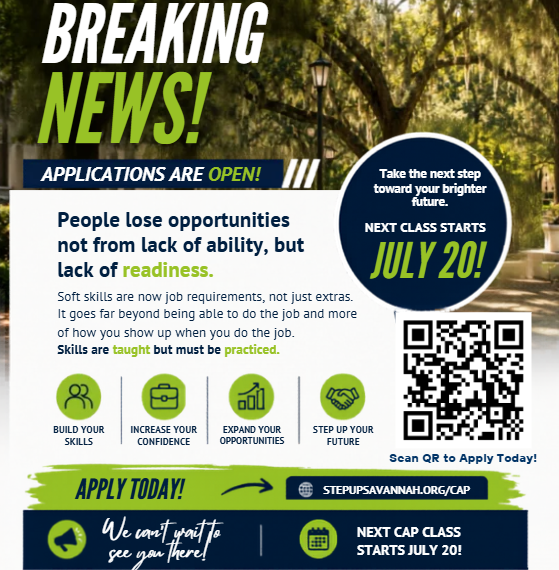 StepUpSavannah's tweet photo. 🚨 Applications are OPEN! 🚨

The next Chatham Apprentice Program (CAP) class starts July 20. Gain job readiness skills, career coaching, credentials, and connections to opportunity.

📝 Apply today: https://t.co/gLM2kPzs9x

#CAPProgram #StepUpSavannah #WorkforceDevelopment 💚 https://t.co/hip6hdBfyC
