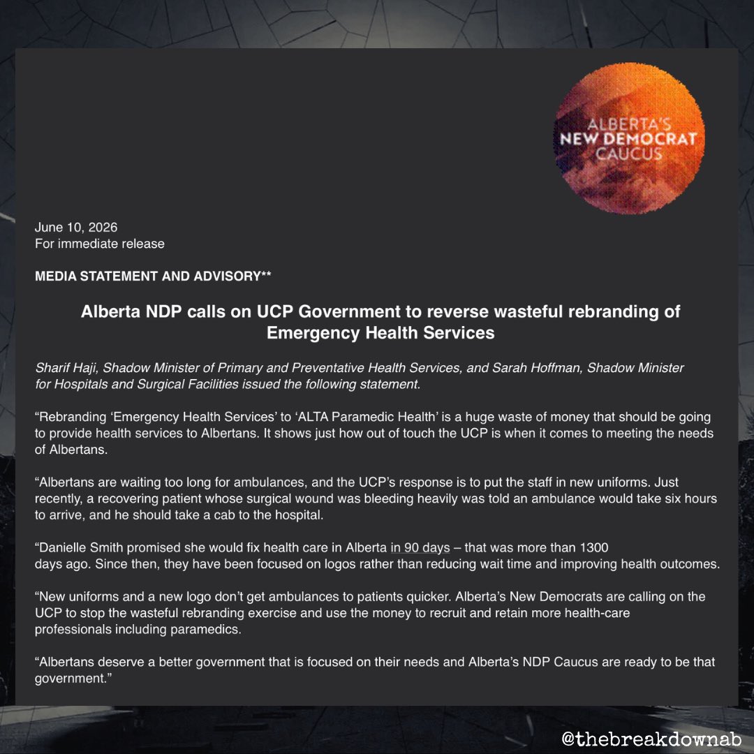 TheBreakdownAB's tweet photo. "Alberta’s New Democrats are calling on the UCP to stop the wasteful rebranding exercise and use the money to recruit and retain more health-care professionals including paramedics."

#abpoli #ableg #cdnpoli https://t.co/go2f4LDcM7
