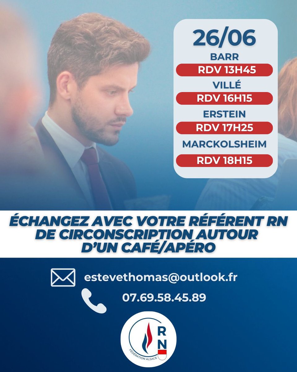 Th_ESTEVE's tweet photo. 📍 Le 26 juin, venez échanger autour d’un café/apéro avec votre référent RN de circonscription pour discuter de vos préoccupations et de l’avenir de notre territoire.

➡️ Barr (13h45)/Villé (16h15)/Erstein (17h25)/Marckolsheim (18h15)

📩 estevethomas@outlook.fr
📞 07 69 58 45 89 https://t.co/g7E1YpWXpF