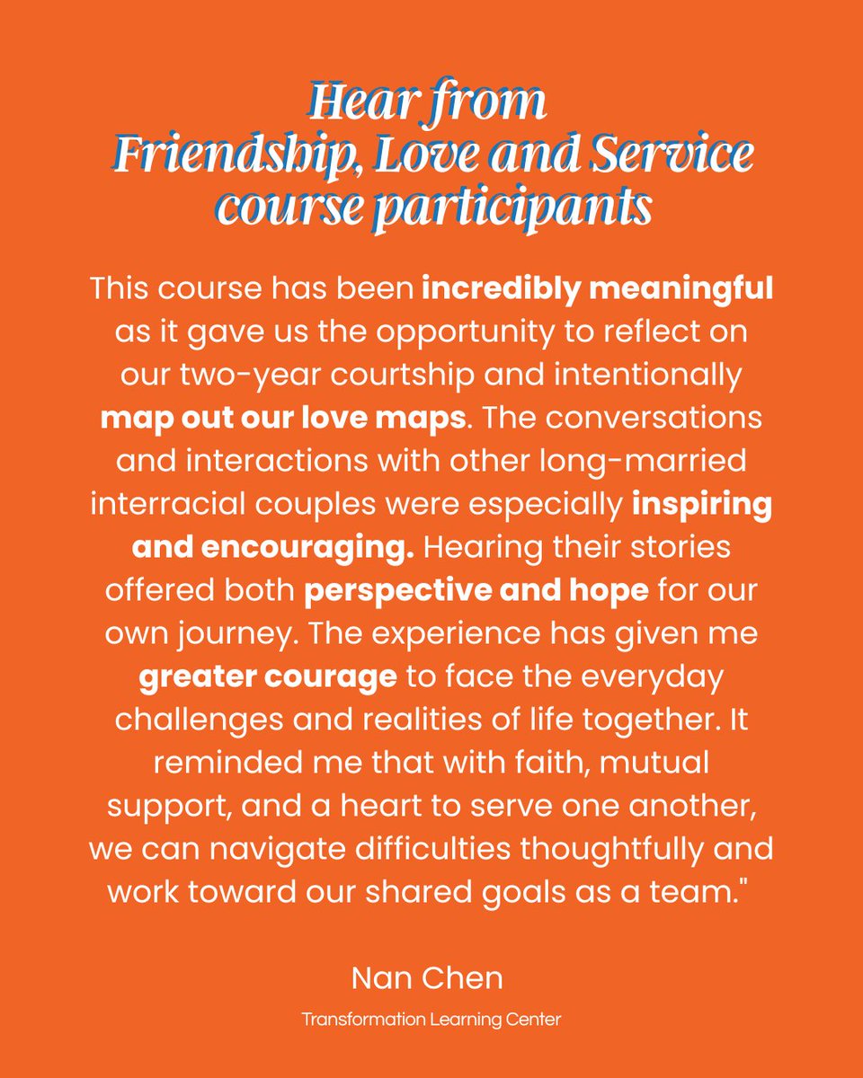 Marriage4ever's tweet photo. "This course has been incredibly meaningful as it gave us the opportunity to reflect on our two-year courtship and intentionally map out our love maps and hear from interracial couples."
https://t.co/qy3YYMVldb #marriage https://t.co/iqwQtDkFQ4