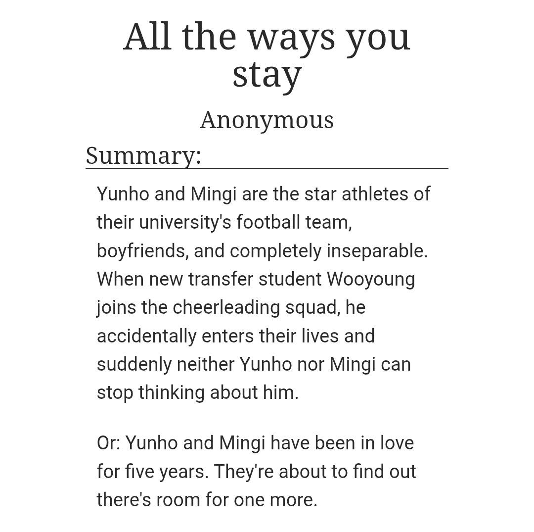polyteezfest's tweet photo. ALL THE WAYS YOU STAY

✨ yh/wy/mg
✨ Explicit
✨ 5,6k
✨ Alternate Universe - College/University; Football | Soccer; Cheerleaders; Fluff and Angst; Eventual Smut; Light Dom/sub; Sports Romance; etc

Please remember to check all tags before reading

🔗  https://t.co/ErXdF9mtck https://t.co/xusAIfu4xY