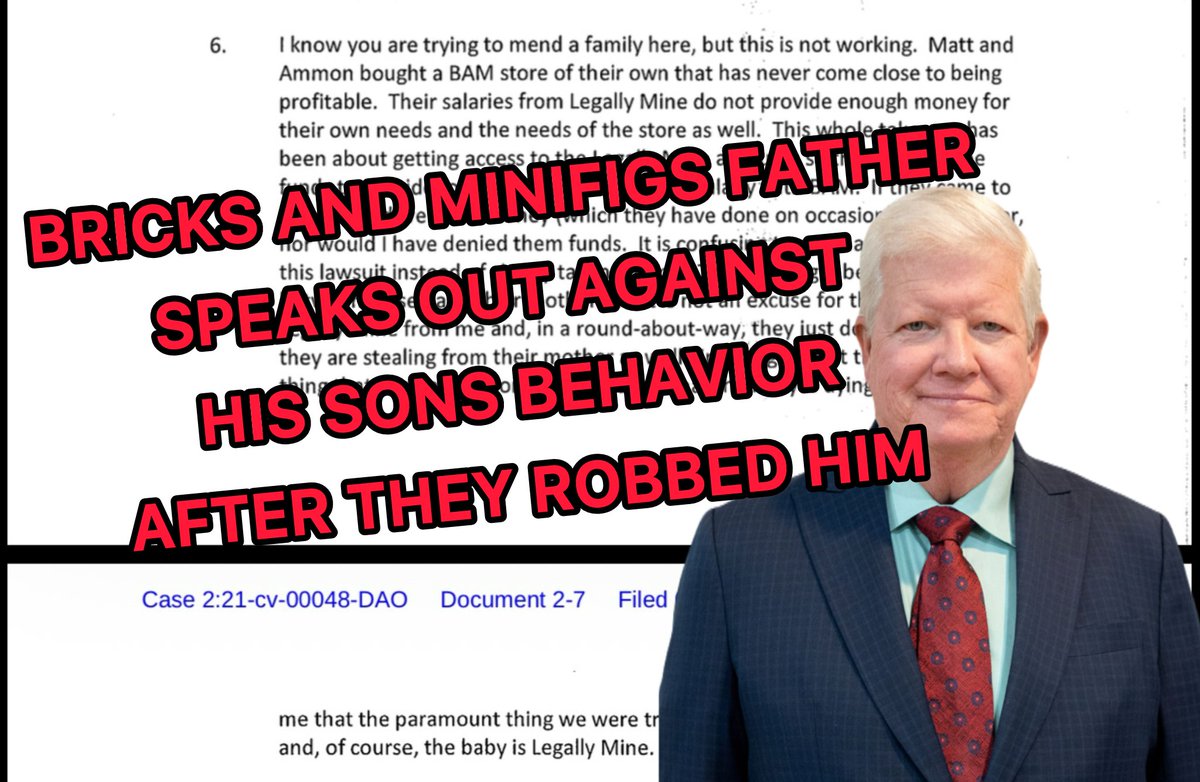 ThatRetiredDude's tweet photo. 🚨BREAKING - Bricks and Minifigs father, Daniel McNeff obliterates his sons in court fillings after they robbed him to fund their LEGO. Buckle Up! He does NOT hold back! FOLLOW FOR PART 2!  
"It didn't take long for Ammon and Matt to begin pounding on Legally Mine for funds to pay for BAM Franchising, Inc. They contacted everyone involved demanding immediate payment for BAM without consideration of Legally Mine and its employees.   

I have been denied access (including "read only" access) to the BAM account. Ammon and Matt have been assigned to full-time management of BAM.   

If Ammon and Matt have not mismanaged BAM, it should have sufficient funds to pay as Legally Mine has paid employees and my sons stopped paying rent as of February, 2020.   

I have in fact, been in touch with the two previous owners of BAM Franchising, Inc., who are carrying the loan on the purchase of this business. They are aware of the situation with us not doing any events and are not expecting back payments, but are willing to extend their payments once the COVID SITUATION ENDS.  

In other words, I will not have to make back payments, they will simply have me start making payments and extend the length of the contract. Furthermore, David Ortiz, one of the original owners who is carrying the contract, is telling me that he is being contacted daily by franchisees from BAM to complain about the fact that no one is doing anything for them. No one will contact them.   

My preference would be for Ammon and Matt to concentrate their efforts on the running and management of the close to 40 stores in the franchise as they have been assigned. David and John assure me that it is in fact a full-time job and the sooner it is treated that way, the better off we will all be. My first priority is to Legally Mine, its employees"  

Follow for Part 2!