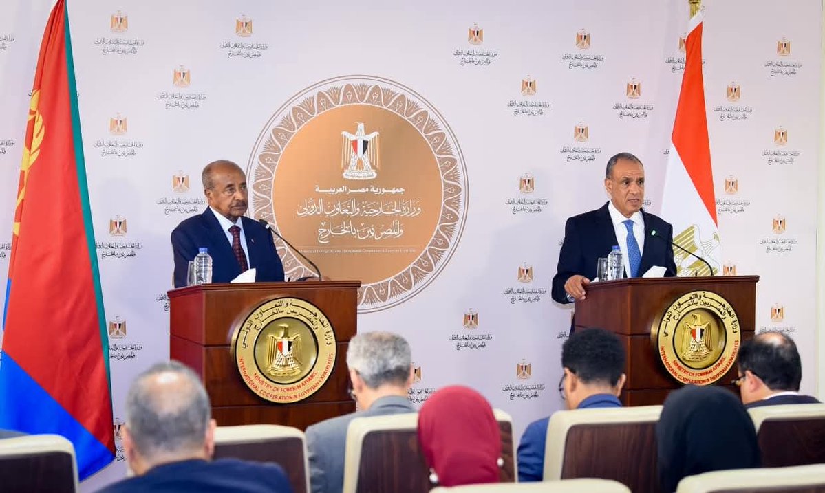hawelti's tweet photo. Eritrea and Egypt have agreed, in talks held this afternoon between Foreign Minister Osman Saleh and his Egyptian counterpart, Dr. Badr Abdellaty, to strengthen their all-rounded bilateral ties of cooperation and to coordinate their respective positions on issues of common interest.

In a Joint Press Conference held after the talks, the two Foreign Ministers:
- Invoked the historical and brotherly ties that exist between Eritrea and Egypt and the extensive talks held between President Isaias Afwerki and President Abdel Fattah el-Sisi in Cairo on 8 June this week.
- Affirmed that the two sides have reached a cooperation agreement on the sectors of mining, infrastructure, housing, the pharmaceutical industry, maritime transport, ports connectivity as well as ports development especially in Assab, Massawa and Marsa Fatima; and, land, air and maritime connectivity between the two countries. 
- Egypt reiterated its full support for the sovereignty and territorial integrity of Eritrea.
- In regard to the security of the Red Sea and the region as a whole, they reiterated the need and urgency of bolstering the capabilities of national institutions as the bedrock of stability and development. This was in line with the pronounced and aligned positions of the two Heads of State on the imperative of respecting the foundational  principles of international law on the sovereignty and territorial integrity of all States.

The two Foreign Ministers further affirmed the continuation of  periodic consultative meetings in Cairo and Asmara between relevant government bodies of the two sides as well as coordination in their positions on regional and international matters.