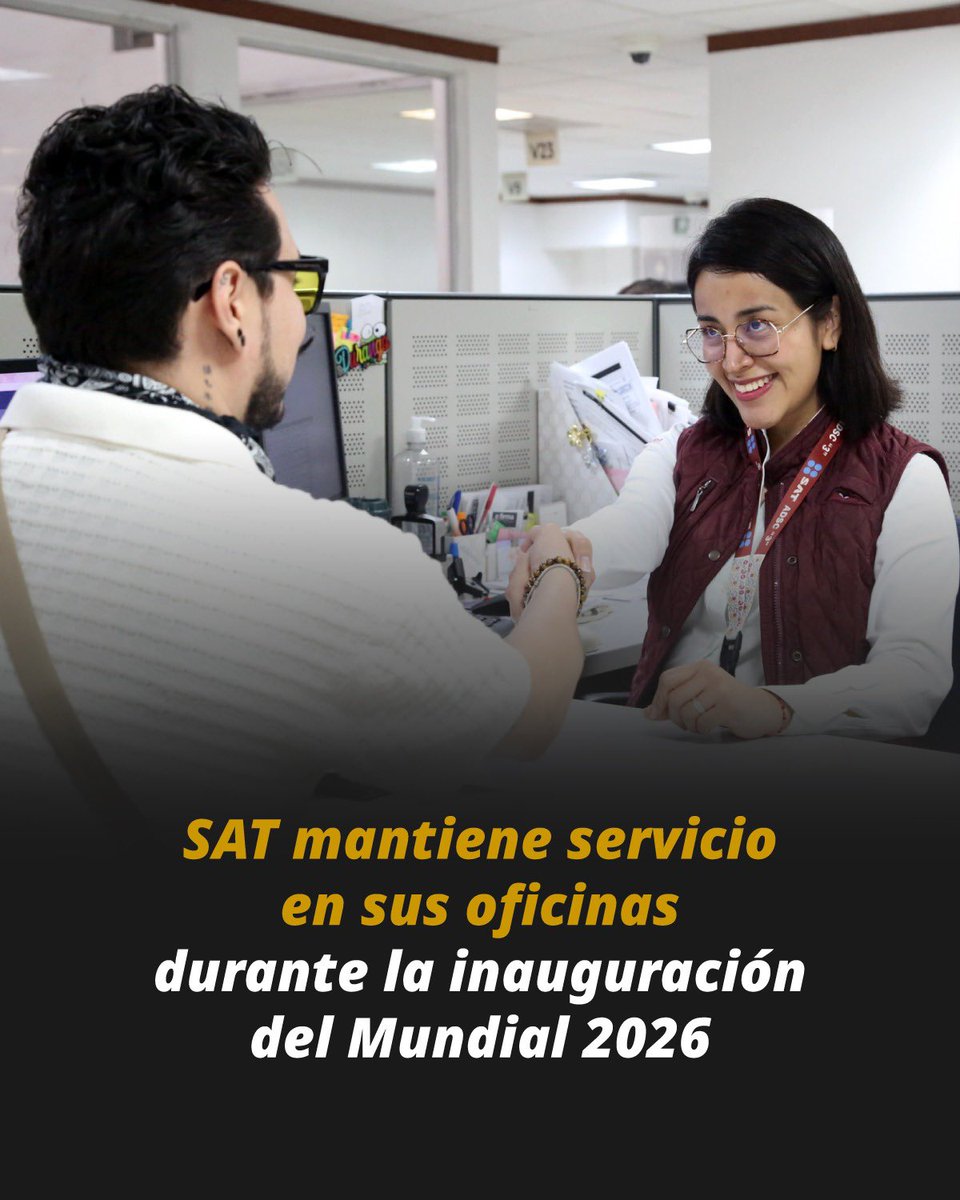 SATMX's tweet photo. #ComunicadoSAT

El SAT informa que durante la inauguración de la Copa Mundial de la FIFA 2026 únicamente se suspenderán actividades en las oficinas de la Administración Desconcentrada de Servicios al Contribuyente del Distrito Federal 4 Sur, por lo que las citas que se tenían agendadas serán reprogramadas vía correo.

El resto de las oficinas y Módulos de Servicios Tributarios operarán con normalidad y atendiendo las citas programadas en los horarios habituales.