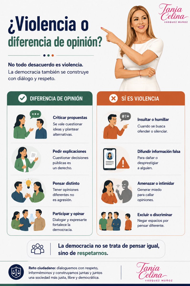 Tanis_Vas's tweet photo. La #democracia se fortalece cuando hay diálogo, respeto y pluralidad de ideas.

Distinguir entre una diferencia de opinión y una conducta violenta nos ayuda a construir espacios más libres, #incluyentes y respetuosos. 🤝

#CulturaDemocrática https://t.co/yiD86iLhuJ