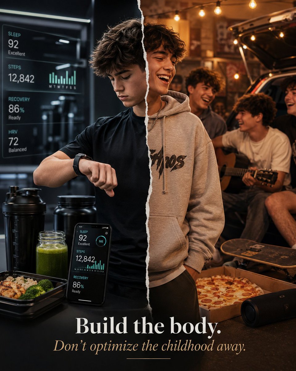 bull_bnb's tweet photo. One thing I genuinely respect about this generation is they actually care about fitness, health, longevity and all that.

That part is good.

But bro…

You are 15.

When I was your age I wanted to party, do dumb shit, fall in love with the wrong person, eat garbage, laugh for no reason and make memories I’d probably regret later.

Now kids are talking like 42yo biohackers with sleep scores, testosterone optimization, seed oils, dopamine detox and longevity protocols.

Relax a little.

Build the body, yes. Protect your health, yes. Don’t become a complete degenerate, yes.

But don’t optimize your whole childhood away.

Some stages of life are meant to be lived before they are fixed.

You can chase longevity later.

First make sure you actually have a life worth extending.