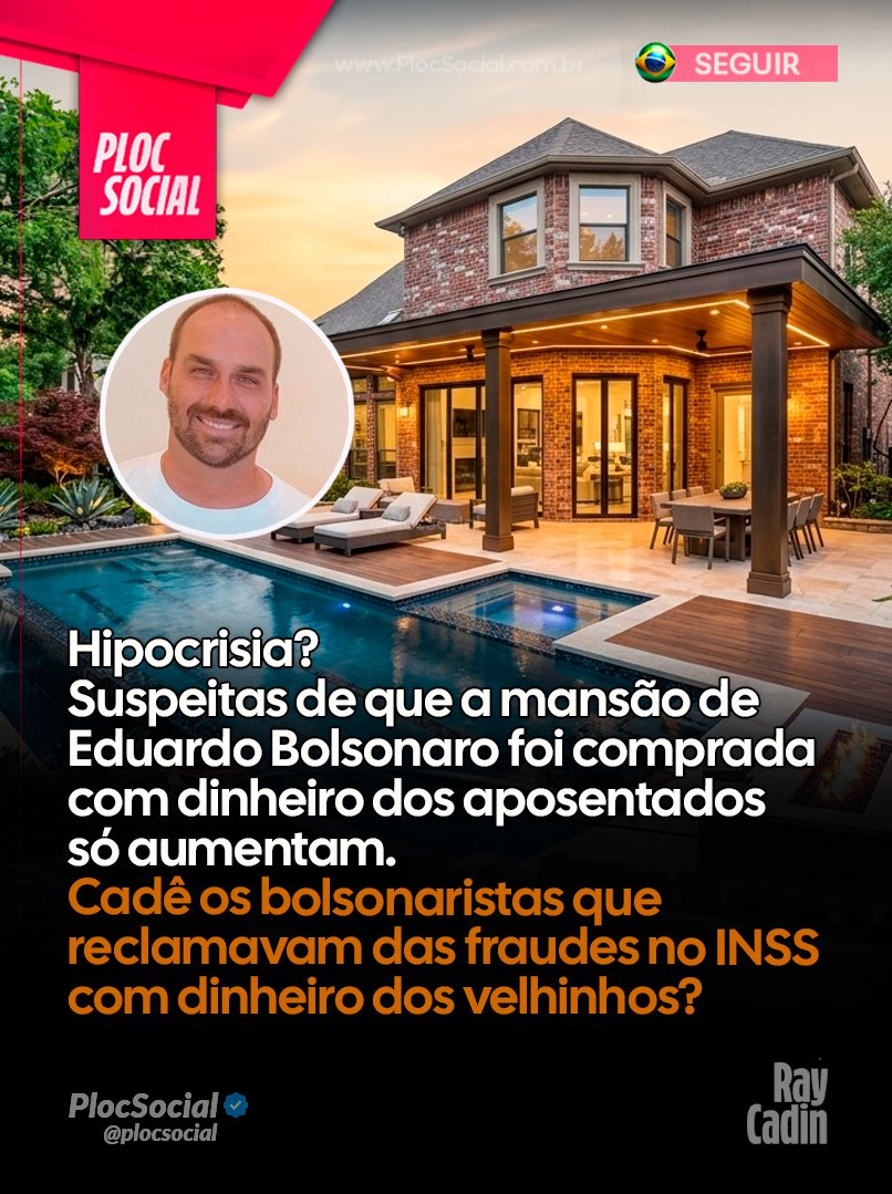 plocsocial's tweet photo. HIPOCRISIA? A MANSÃO DE EDUARDO BOLSONARO DEVE TER SIDO COMPRADA COM DINHEIRO DOS APOSENTADOS, POR QUE OS BOLSONARISTAS NÃO RECLAMAM?

A Polícia Federal investiga se recursos ligados ao Banco Master foram usados para financiar a permanência e o estilo de vida de Eduardo Bolsonaro nos Estados Unidos.

A apuração busca esclarecer se valores que teriam sido destinados a projetos ligados ao ex-presidente Jair Bolsonaro passaram por estruturas financeiras internacionais que agora estão sob investigação.

O caso envolve o banqueiro Daniel Vorcaro, movimentações financeiras suspeitas e a origem de recursos que, segundo os investigadores, precisam ser devidamente explicados.

Se as suspeitas forem confirmadas, o escândalo pode revelar conexões ainda mais profundas entre interesses políticos e financeiros. Vamos acompanhar os desdobramentos dessa história.