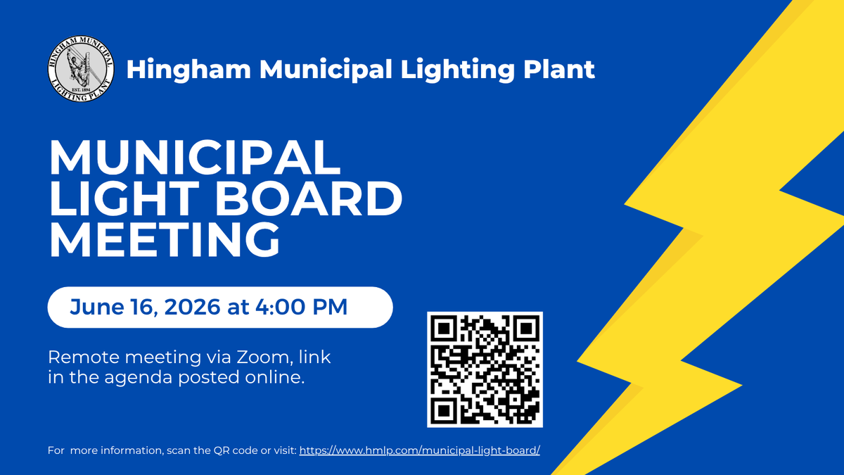 HinghamLight's tweet photo. A Municipal Light Board meeting is scheduled for tomorrow, Tuesday, June 16 at 4:00 PM. These meetings are accessible by Zoom and open to the public. Meeting information, including the agenda &amp; Zoom link, can be found on HMLP's website: https://t.co/3y4V0LwCeF https://t.co/756RWllDu7