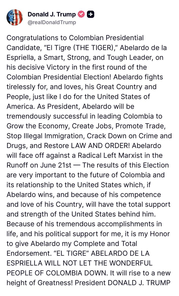 Jhonffonseca's tweet photo. 🚨 ¡BOMBAZO INTERNACIONAL! Trump se la juega por Colombia

El presidente Donald Trump acaba de dar su apoyo total y sin reservas a Abelardo de la Espriella, “El Tigre”, el candidato conservador que arrasa en la carrera presidencial.

Trump lo describió sin rodeos como “un líder inteligente, fuerte y duro” que hará crecer la economía, generar empleos reales, frenar la inmigración ilegal, destruir el narcotráfico y el crimen, y recuperar el estado de derecho en Colombia.

Esto no es un simple saludo. Es el respaldo del hombre más poderoso del mundo a un ganador. Un líder que pone a Colombia primero.

El Tigre está listo para hacer a Colombia grande otra vez… y Trump lo respalda al 100%.

La segunda vuelta del 21 de junio no es una más. Es histórica.