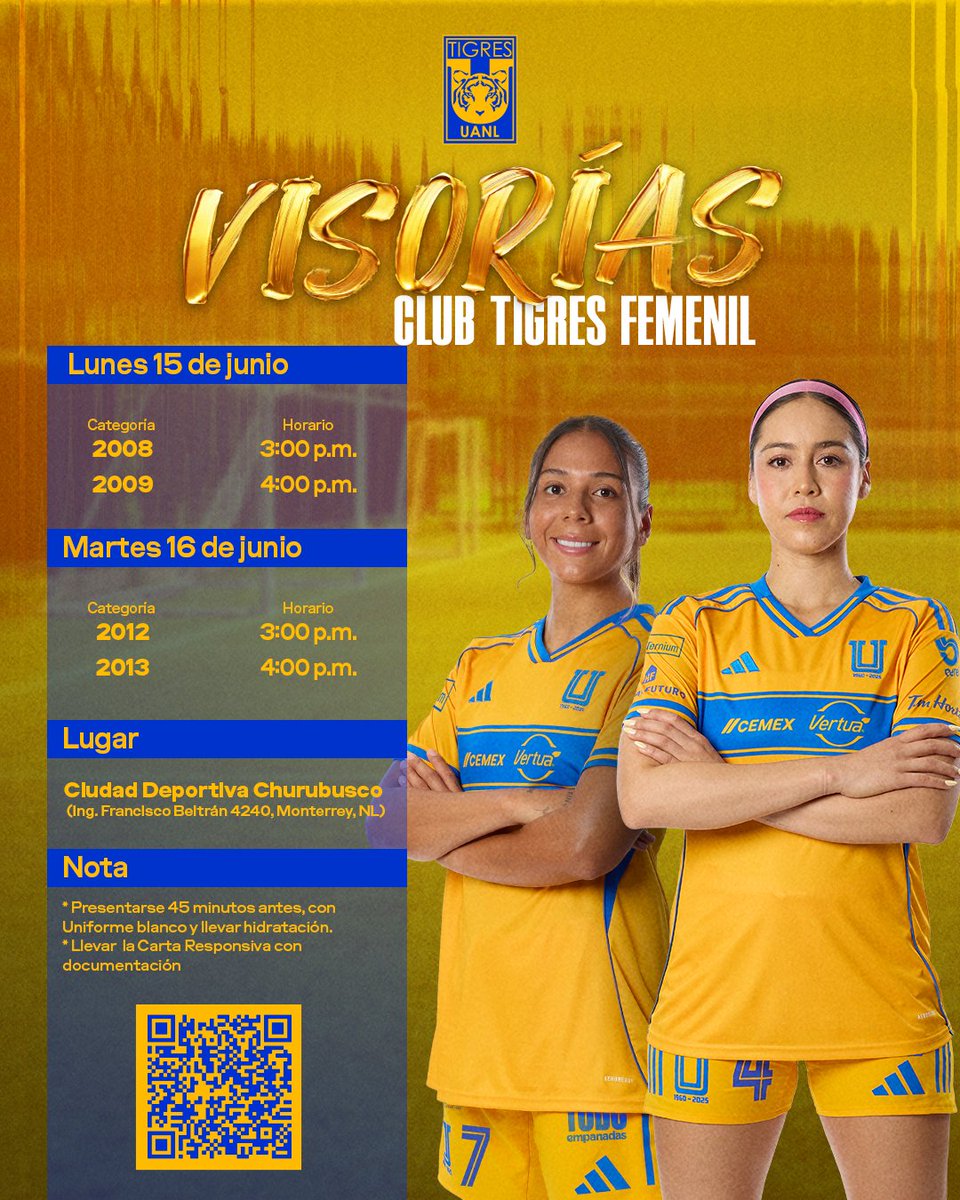 TigresFemenil's tweet photo. 🐯💛 ¿Sueñas con ser profesional y convertirte en una Amazona?

⚽️ ¡Ya están aquí las visorías de Tigres Femenil para las categorías 2008, 2009, 2012 y 2013!

¡Nos vemos este lunes 15 y martes 16 de junio! ✨ https://t.co/9YGef1SLAr