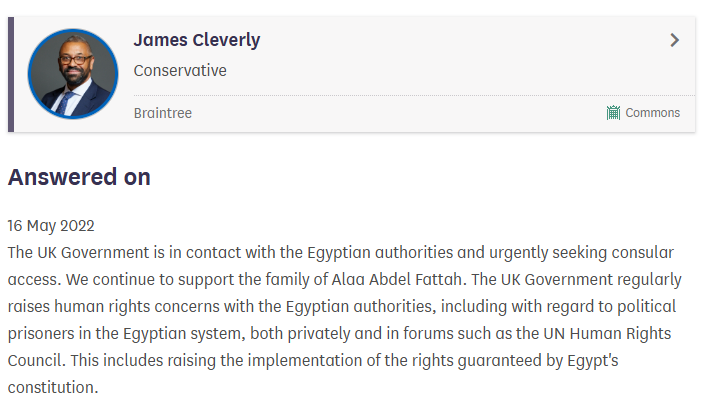 Khaledhzakariah's tweet photo. Some Kemi loyalists are so incredibly blinded by their cult-like bias towards Kemi that they are now embarrassing themselves. 

I said that neither Suella Braverman nor Robert Jenrick even knew about the asylum case of the Sudanese man who tried to behead a man in Belfast. That's because there are 10s of 1000s of asylum cases processed every year by the Home Office. Very few of these cases are brought to the attention of ministers, let alone the Home Secretary. 

They are now trying to suggest that Tory ministers, likewise, didn't know about Alaa Abd El Fattah. 

Abd El Fattah was known to Cleverly, for instance. Officials and MPs raised the case with him directly and in person. He also received information from Egypt regarding Abd El Fattah's extremism.

It's a mind-blowing comparison.