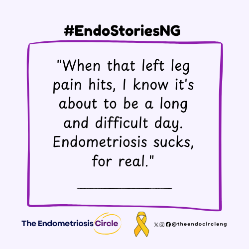 theendocircleng's tweet photo. Many women with #endometriosis experience debilitating leg pain, often occurring when endometrial-like tissue and inflammation affect nerves in the pelvis, hips, or lower back, causing pain that radiates into the legs.
These women could really use a cure. 💛

#Awareness
#LegPain https://t.co/YRPmvAPlLT