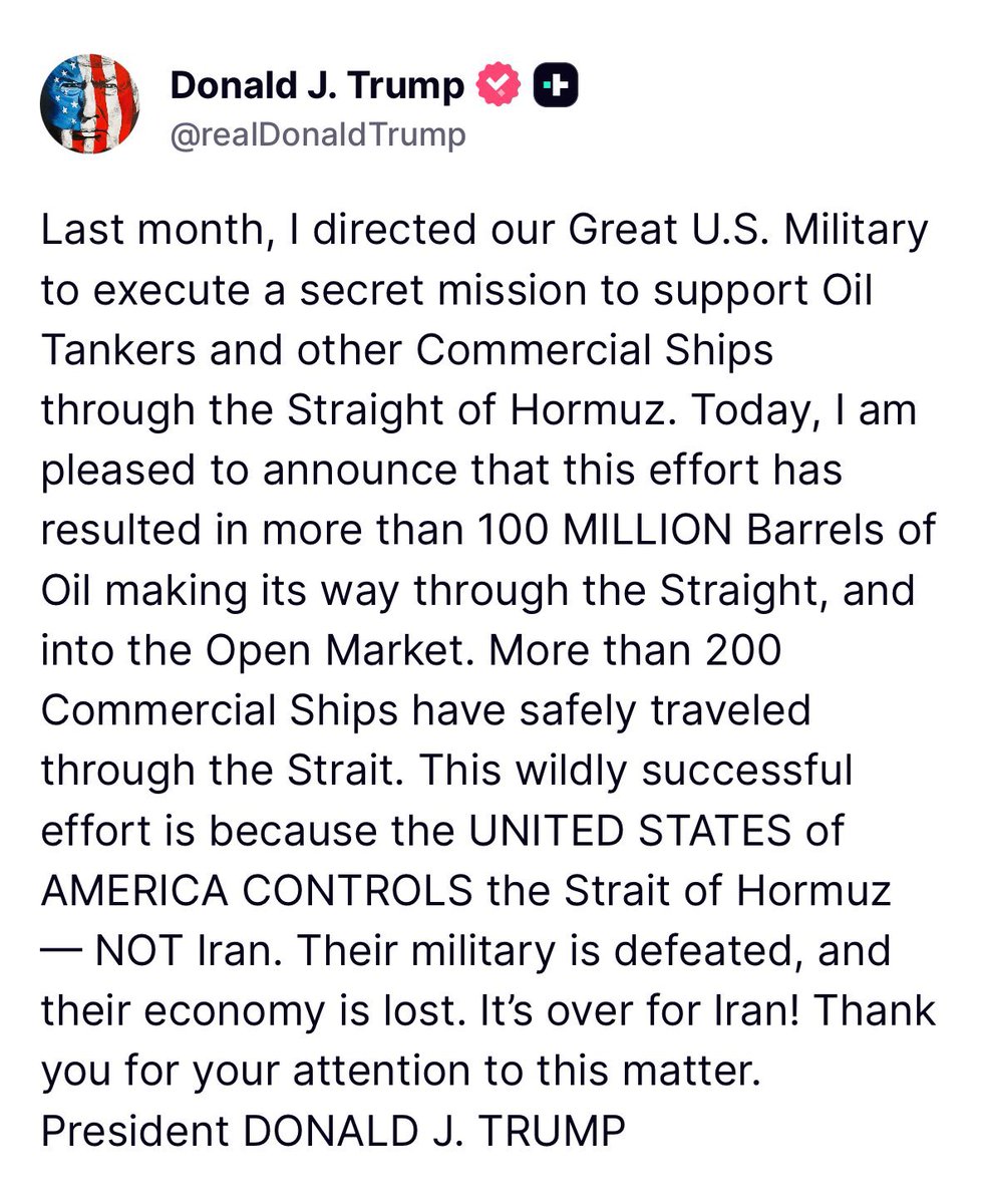 WarClandestine's tweet photo. POTUS confirms he directed the US MIL to execute a secret mission to escort commercial ships through the strait.

Trump has recently been hinting that things were in motion behind the scenes.

Trump and the US MIL hold all the cards, and anyone who says otherwise is simply wrong. https://t.co/HHk4iIXcoL