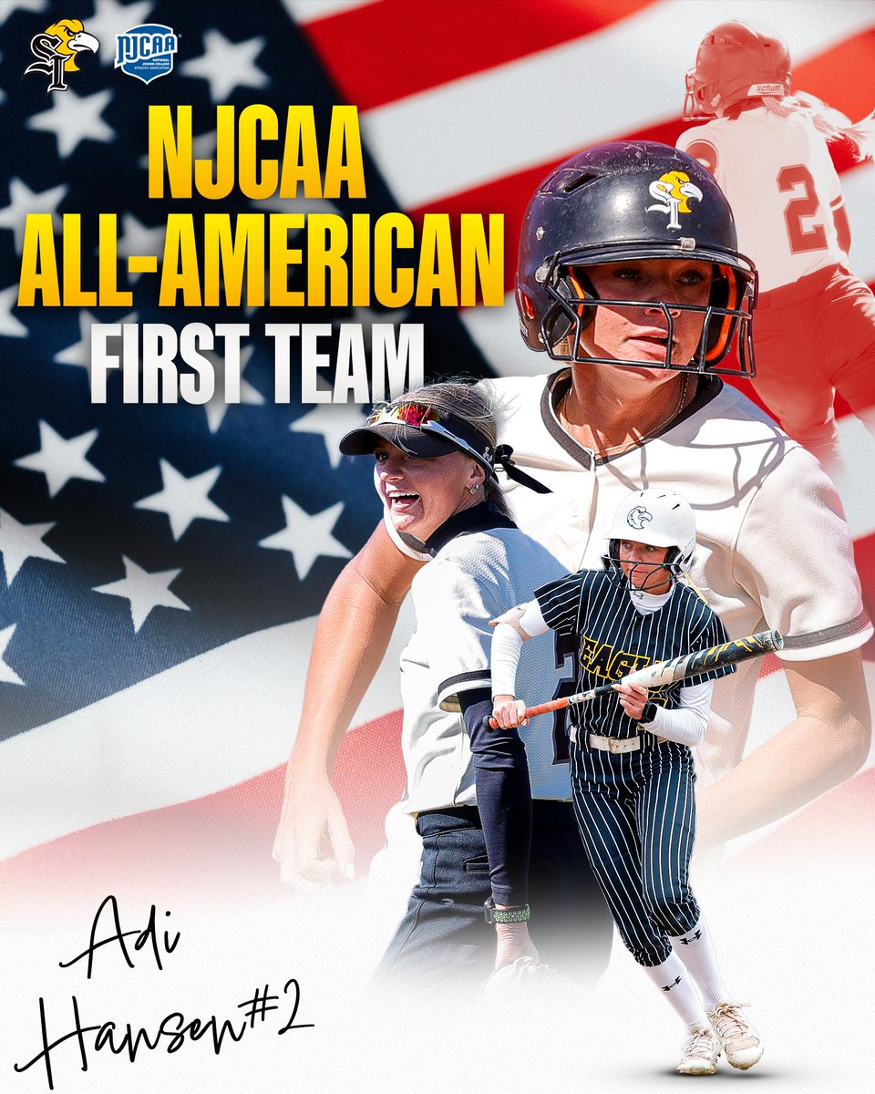 CSISoftball's tweet photo. 🇺🇸 ALL-AMERICAN ADI 🇺🇸

Adi Hansen caps off her record-breaking season with NJCAA All-American First Team honors!

#LiveOrDieCSI #GoldenEagles #CSISoftball #NJCAA https://t.co/ovxWIX0CeK