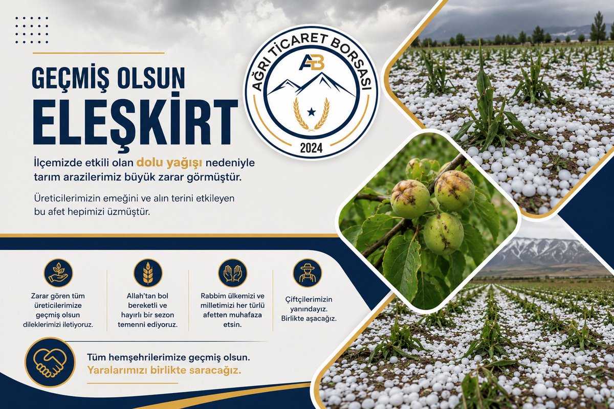 agritb_'s tweet photo. 📍 Geçmiş Olsun Eleşkirt

Eleşkirt ilçemizde etkili olan dolu yağışı nedeniyle birçok tarım arazisinde ciddi zarar meydana gelmiştir.

Emek ve alın teriyle üretim yapan çiftçilerimizin yaşadığı bu olumsuzluk bizleri derinden üzmüştür. Dolu afetinden etkilenen tüm üreticilerimize ve hemşehrilerimize geçmiş olsun dileklerimizi iletiyor, zarar gören vatandaşlarımıza sabır ve kolaylıklar diliyoruz.

Rabbim ülkemizi ve milletimizi her türlü afetten muhafaza etsin. Üreticilerimizin yaralarını en kısa sürede sararak yeniden bereketli bir üretim sezonuna kavuşmalarını temenni ediyoruz.

#GeçmişOlsunEleşkirt #Eleşkirt #ÇiftçimizinYanındayız #Tarım #Üretim #AğrıTicaretBorsası #DoluAfeti #GeçmişOlsunAğrı