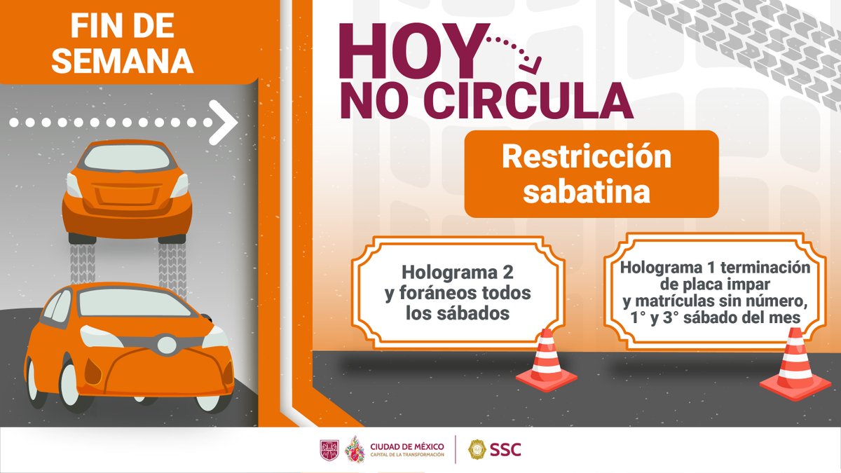 SSC_CDMX's tweet photo. Este sábado, el programa #HoyNoCircula aplica a vehículos con terminación de placa impar y matrículas sin número, holograma 2 y foráneos. #CiudadSegura https://t.co/EwiAXPWECM