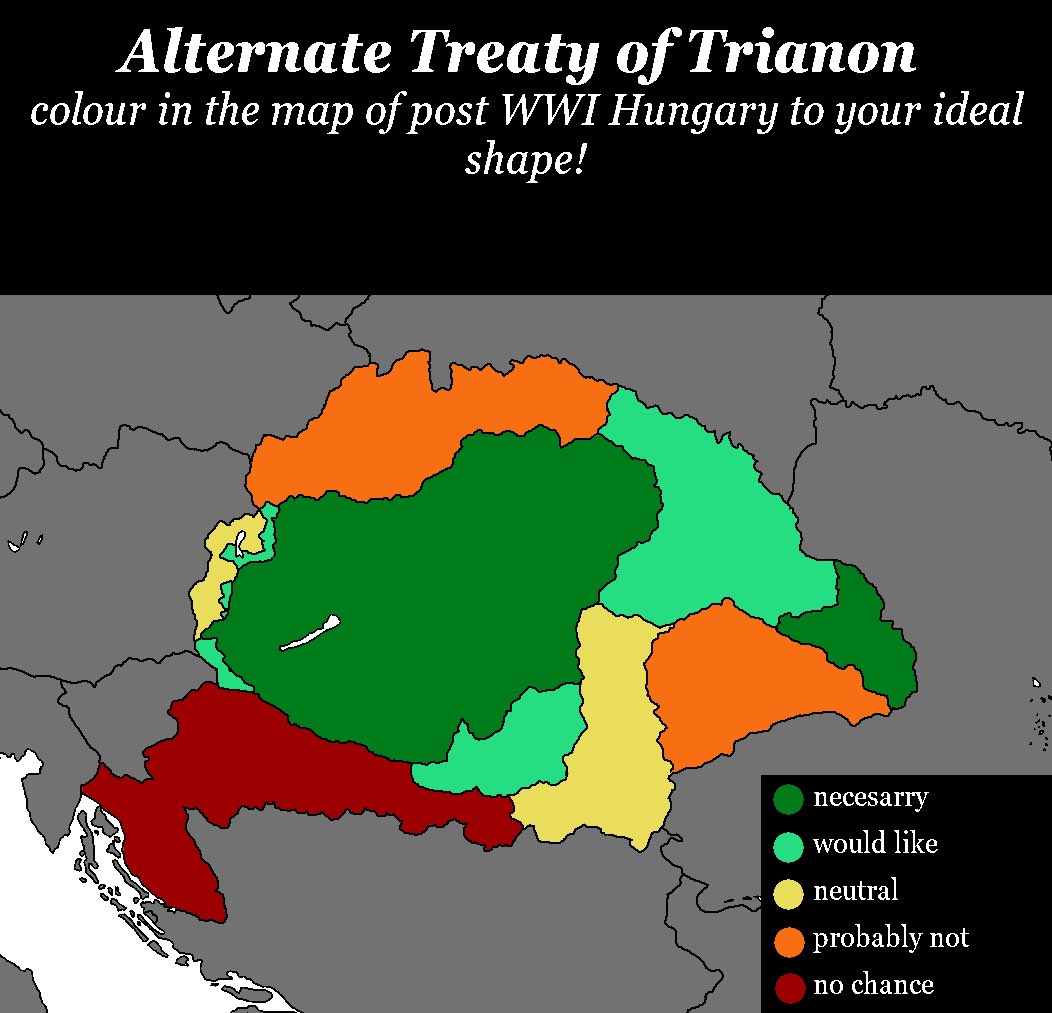 RealWomenPolice's tweet photo. @willyfinger1920 I think this is overall what I’d consider “fair”. Ethnic Hungarian lands in dark green, ethnically contested lands in light green, yellow due to proximity and historical importance, Orange historically Hungarian lands now with weaker claims, and red which is impossible. https://t.co/nU7nyKTPL4