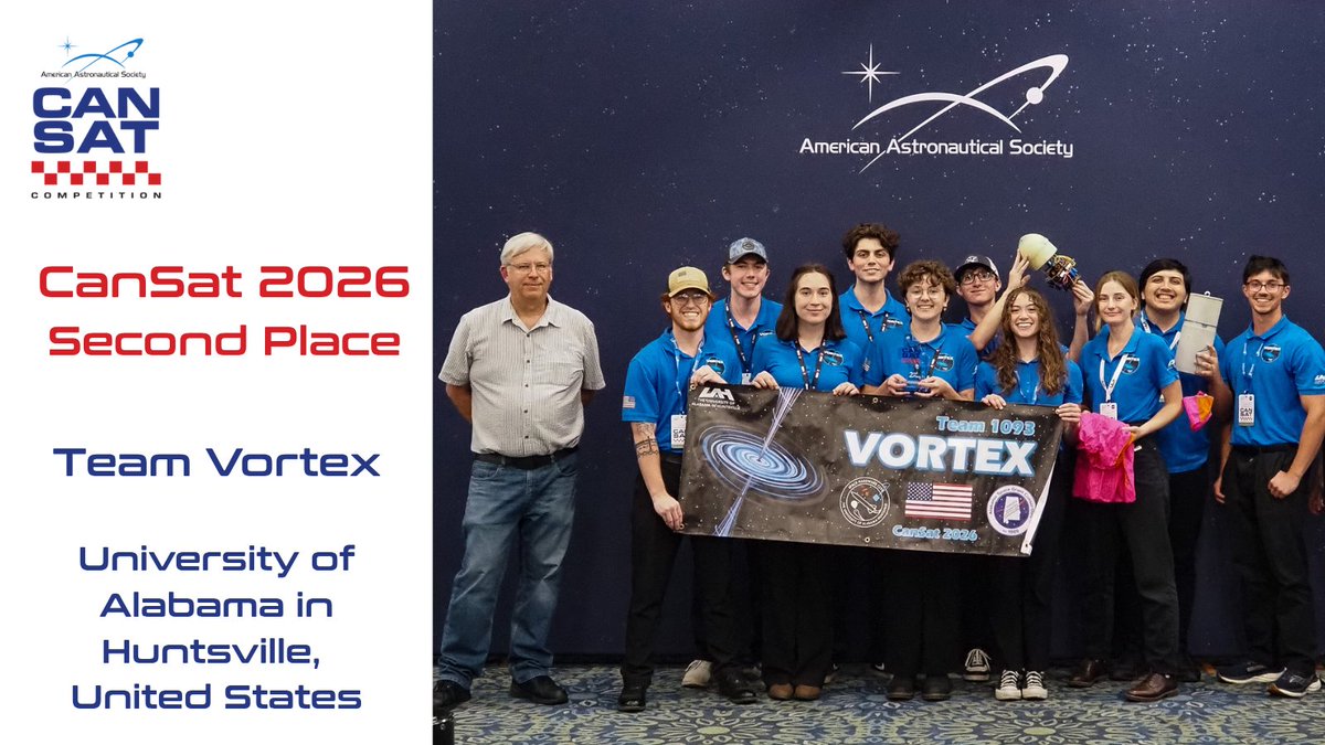 astrosociety's tweet photo. Congratulations to the winning teams of CanSat 2026!

1st: Daedalus, Assumption College, Thailand
2nd: Vortex, UAH, United States
3rd: Bamantara EEPISAT, Indonesia
4th: MetalHawk, UAH, United States
5th: SEDS ITBA, Instituto Tecnológico de Buenos Aires, Argentina https://t.co/5htvcahNnI