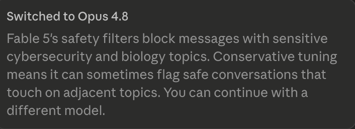 UmutTuzmen's tweet photo. Me: Create a PDF.
Fable 5: This may involve dangerous cybersecurity and biology topics.
Me: It's a PDF...
@claudeai  @ClaudeDevs #claude #fable5 https://t.co/e6Lj2Ic5lt