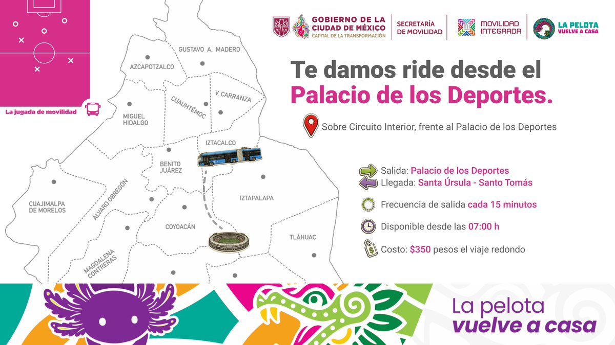 STECDMX's tweet photo. 🚎 También contaremos con servicio directo al Estadio Ciudad de México con salida desde el Estadio Olímpico Universitario, el Palacio de los Deportes, Perisur y el Tren ligero 🚈🚆 🏟️ https://t.co/aLl9Qhac6j