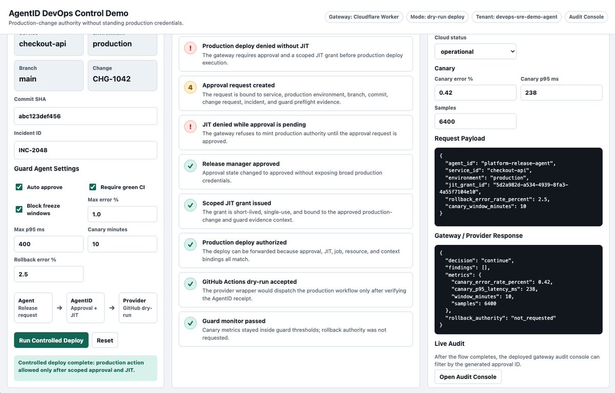 di_npdguy's tweet photo. AgentID is now AgentPass.

I’m adding a DevOps/SRE use case:

Agents should be able to inspect prod.

But changing prod should require scoped JIT authority, live evidence, human approval, provider receipts, audit, and rollback control.

https://t.co/ya11iTB2q9 https://t.co/sgItkcLdNO