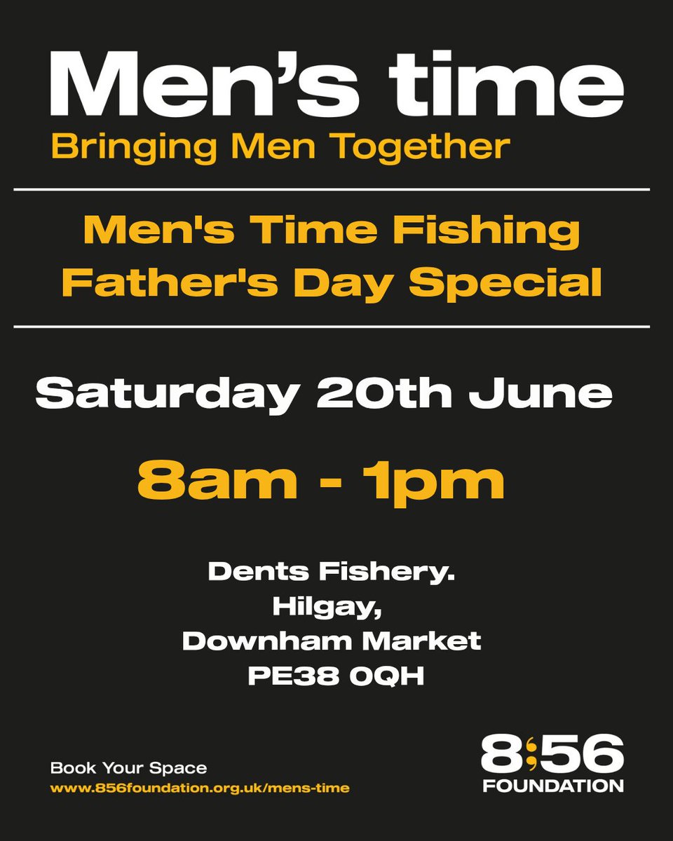 856Foundation's tweet photo. 🎣 Men's Time Fishing — Father's Day Special

This June we're doing something a little different. For our Father's Day session we're inviting Sons to bring their Dads or Grandads, and Dads to bring their Sons — a morning built around family connection, blue space and the kind of conversation that flows easier with a fishing rod in your hand.

Whether you're a seasoned angler or it's your first time picking up a rod, you'll be made welcome. If you're new to fishing, don't worry about kit — we'll have everything you need.

These mornings are all about getting out of the house, enjoying the water and spending time together in a relaxed environment. What better way to mark Father's Day than side by side at the bankside?

🗓 Date: Saturday 20th June
📍 Location: Dents Fishery
🕗 Time: 8am – 1pm
🎣 Open to all abilities
💷 Free to attend

Fishing is part of our Pathway — helping men make new connections, try new activities and promote wellbeing. Our Facilitators will be there for you.

👇 Book your place using the link below

https://t.co/zJXiaRc8bK

#FathersDay #MensTimeFishing #BlueSpace #Connection #Wellbeing #FatherAndSon #Wellbeing