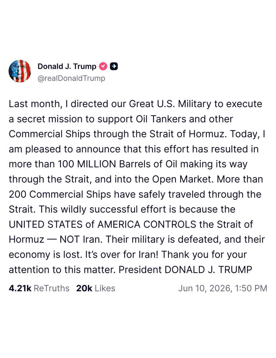 TheUnionHerald's tweet photo. President Donald Trump: "Last month, I directed our Great U.S. Military to execute a secret mission to support Oil Tankers and other Commercial Ships through the Strait of Hormuz." https://t.co/Q47oQeuxow