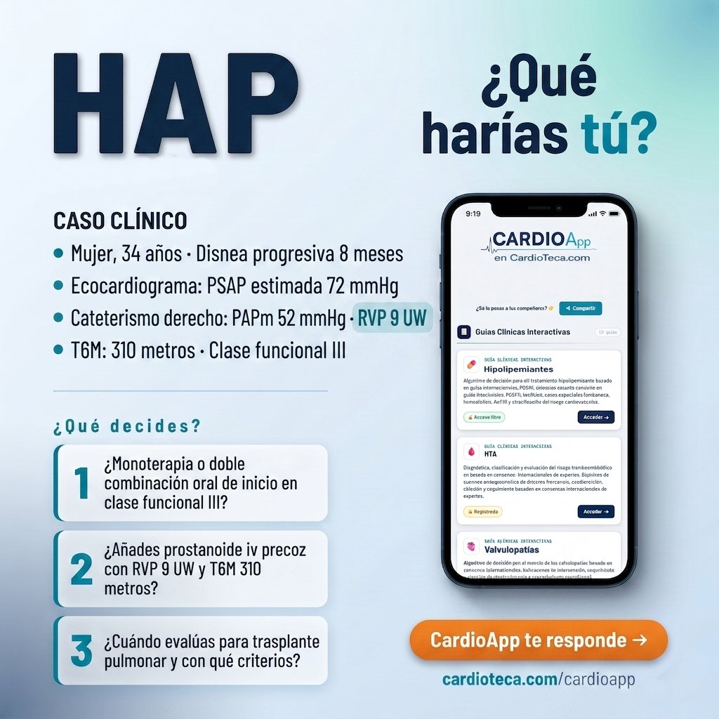 cardioteca's tweet photo. 🫁 Mujer 34 años. PAPm 52 mmHg. RVP 9 UW. Clase funcional III.
🚨¿Monoterapia o doble combinación oral de inicio?
🎯 Caso HAP · 🩺 CardioApp te responde → https://t.co/Po3ax7p5l2
🔓 Acceso libre y gratuito en https://t.co/tb5kxLe4bd 
#Cardiología #HipertensiónPulmonar #HAP https://t.co/meUma7tcF7