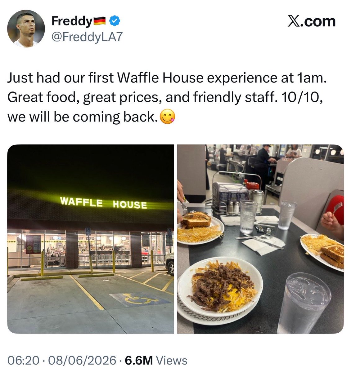 DanBean's tweet photo. The funniest bit of the England v USA culture war: Germany won it.

One comment about a dodgy pitch and within 48 hours two countries with a century of shared history were at war over stadium aura.

Meanwhile a German lad posted his big gulps and 1am Waffle House. “10/10, we will be coming back.” US-European relations: fixed. The tournament hasn’t even kicked off.

My TikTok feed is usually wall-to-wall Brits filming their first In-N-Out. 
Doesn’t matter. 
Eighty years of alliance, reversed over a plate of hash browns.

We’d have said something nice eventually. We were getting to it.