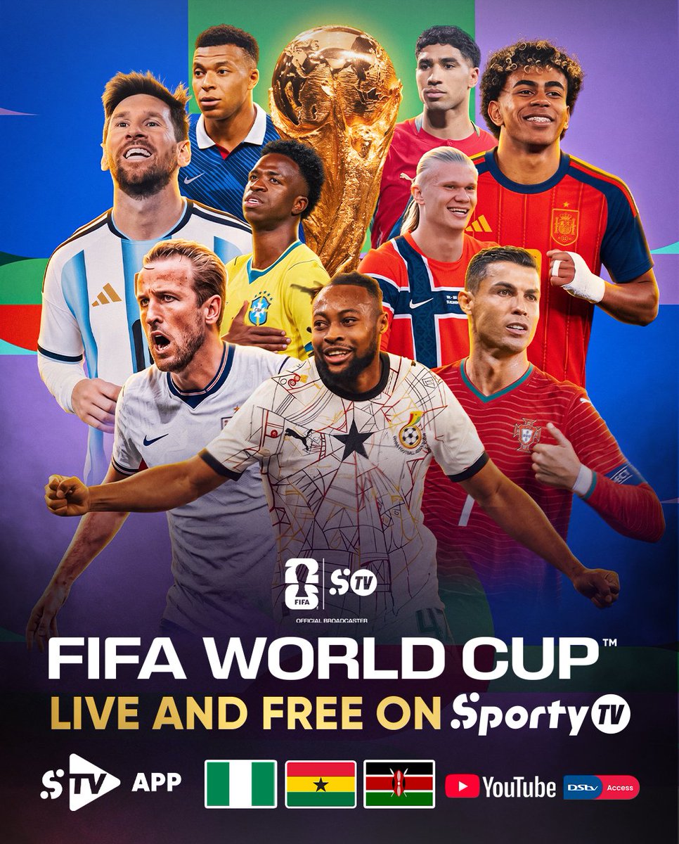 EjeagbaVictory's tweet photo. 🚨 The FIFA World Cup 2026™ is coming to SportyTV!

34 matches, including the semifinals and final.

100% FREE TO AIR. 🇳🇬 🇬🇭 🇰🇪

#ForEverybody
#FWC2026
#FIFAWORLDCUP2026 https://t.co/Jkxh04yroq