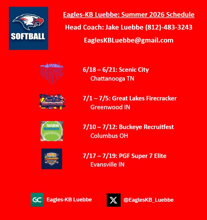 EaglesKB_Luebbe's tweet photo. Here is where you can find us this summer!

Looking forward to a great summer of 🥎 as we send off our 2026 grads in the fall and continue to find our remaining 2027s the right home for them at the next level! https://t.co/IrHaoZzgsI