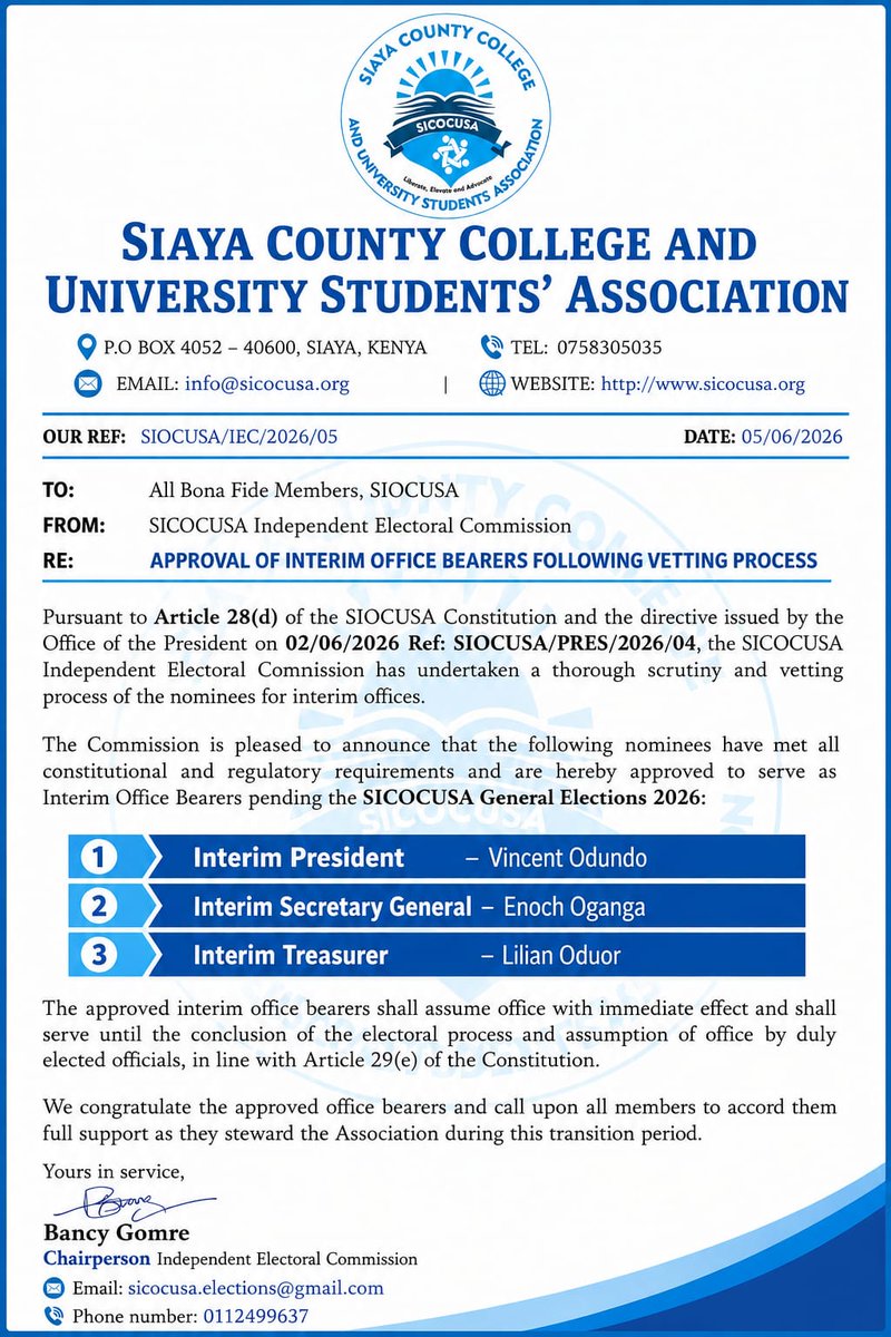 OgingaDerick's tweet photo. As the outgoing @SICOCUSA President, I congratulate and fully endorse the approval of 
@VinceOdundo, Enoch Oganga, and Lilian Oduor as Interim President, SG, and Treasurer following a successful IEC vetting process. https://t.co/DMgYaF0vJY