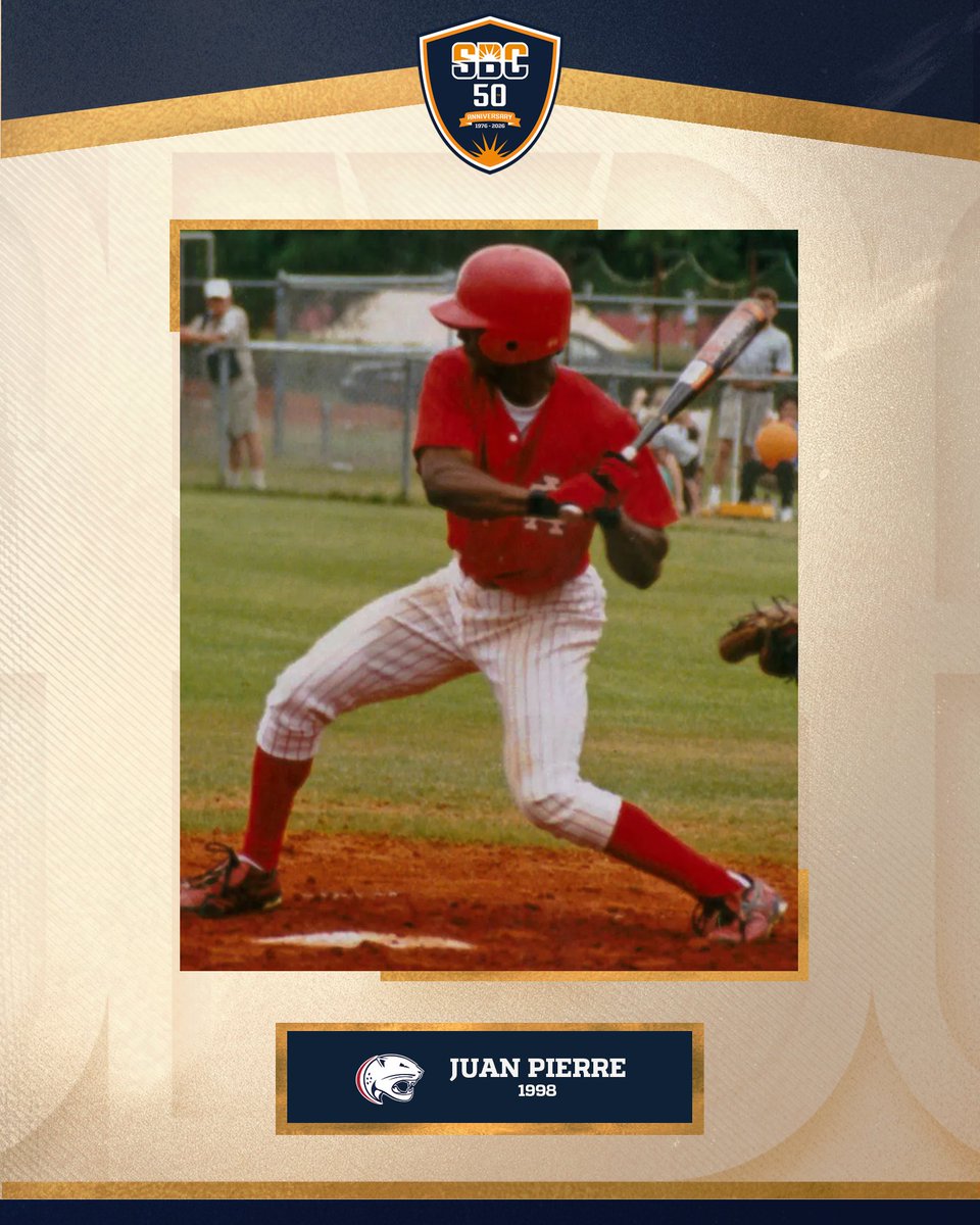 SunBelt's tweet photo. 𝗝𝗨𝗔𝗡 𝗣𝗜𝗘𝗥𝗥𝗘.

The 1998 Sun Belt Player of the Year, @SouthAlabamaBSB's Juan Pierre went on to a 14-year @MLB career in which he stole 614 bases—good for 18th all-time—&amp; won the World Series in 2003 as a member of the @Marlins. ☀️⚾️

#SunBeltBSB | #SunBeltat50 https://t.co/A8Yj1nmUXX