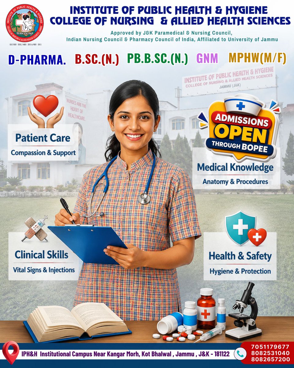 IPHHJammu's tweet photo. Build Your Future in Healthcare with IPH&amp;H Jammu.
⚠️ ADMISSIONS OPEN THROUGH BOPEE

Take the first step today!
📞 Call: 7051179677 | 8082531040 | 8082657200
🌐 Visit: https://t.co/vtQXuhI3zM

#NursingAdmissions #JammuEducation #HealthcareHeroes #BOPEE2026 #IPHH #FutureNurses https://t.co/qe117wWsID