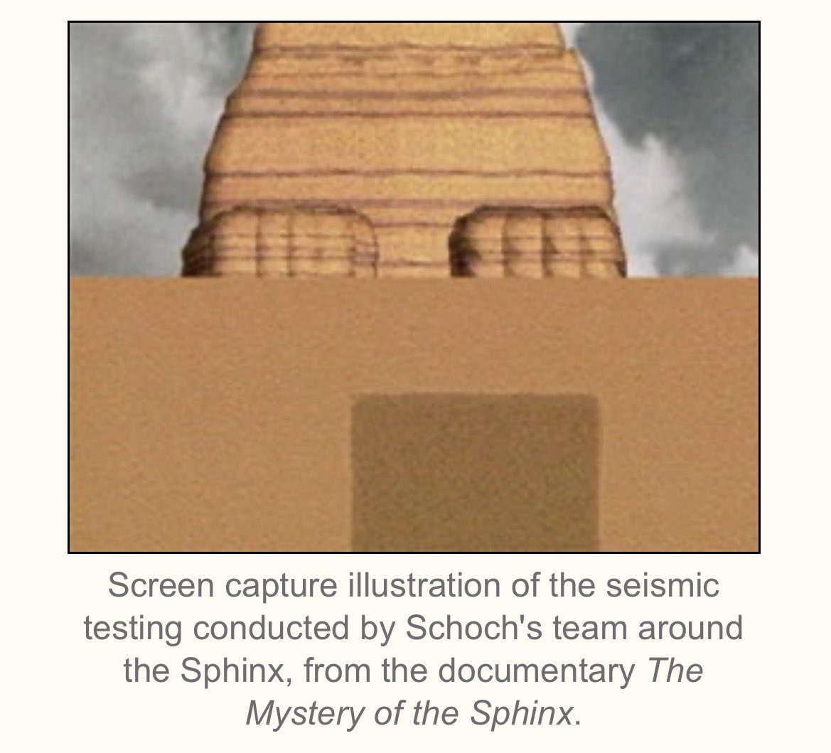 BrightInsight6's tweet photo. A subterranean chamber was discovered in front of the Sphinx’s left paw, through both GPR & Seismic analysis

Yet, when Egyptian authorities claimed to have drilled and explored this cavity, they did so *behind* the paw, thus missing the cavity!

Did they do this intentionally to deceive the public? I mean, they couldn’t be that incompetent?

This begs the question: WHY haven’t they conducted subsequent drilling to finally explore this cavity??

Are they hiding something? 🤔

Another simple question: Where are the professional archaeologists calling for exploration into this hidden cavity?  Hmm 🦗🦗