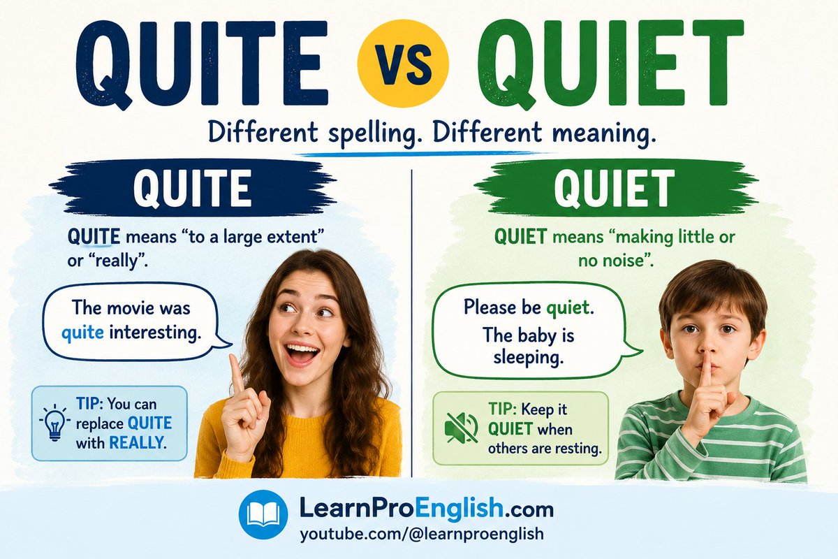englearner23's tweet photo. Quiet means little or no noise. 

Quite means completely or very. 

Swap the letter "E" and "T", and your whole meaning changes! Learn these two words fast to boost your writing skills.

#EnglishStudy #vocab #grammar https://t.co/yVIXqsqE5i