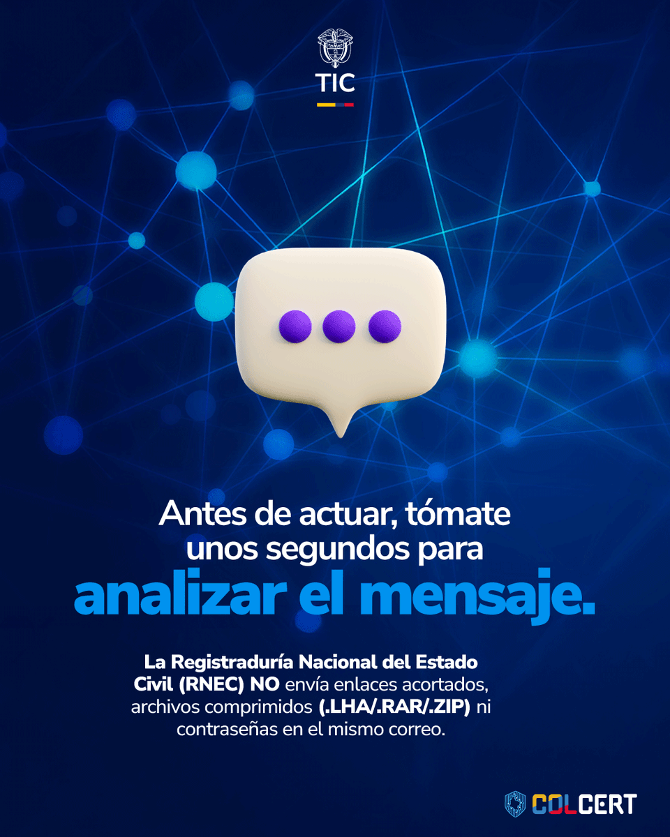 colCERT's tweet photo. #AlertaDeSeguridad 🚨El #ColCERT comparte un análisis especializado sobre una campaña de phishing que suplanta a la @Registraduria en el contexto de la segunda vuelta presidencial de 2026.
⚠️ Los correos identificados superan los mecanismos de autenticación SPF, DKIM y DMARC, por lo que pueden aparentar ser legítimos.
📢 Entidades y ciudadanía deben mantenerse alerta frente a mensajes relacionados con consultas de puestos de votación.
🛑 Recuerda: la Registraduría Nacional NO envía enlaces acortados o archivos comprimidos.
Conoce los detalles de la campaña y cómo protegerte.
📲 https://t.co/a9sDNJYzoB
#EleccionesColombia2026 #MásPreparados #MinTIC