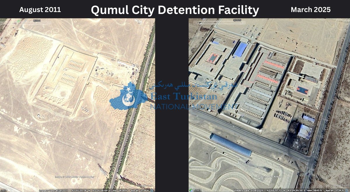 ETNational's tweet photo. ⁉️Why is the @AP helping China launder and whitewash its crimes? East Turkistan (so-called "Xinjiang") is still marked with detention centers and China built them long before claiming detention was a response to "attacks." They began years earlier; satellite imagery proves it. @JuliePace