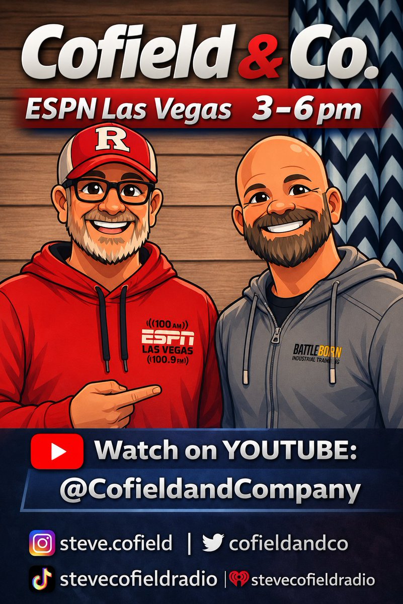 stevecofield's tweet photo. Watch/listen to Wednesday's @cofieldandco
LIVE @FindlayToyota Studios.

@battlebornJW on tons of legal issues around the Brendan Sorsby case 

@sportingtrib 's @arashmarkazi on a mega major league sports week in Las Vegas

Presented by @JacksonsBar &amp; @VegasBattleBorn https://t.co/DCxXaPfGV7