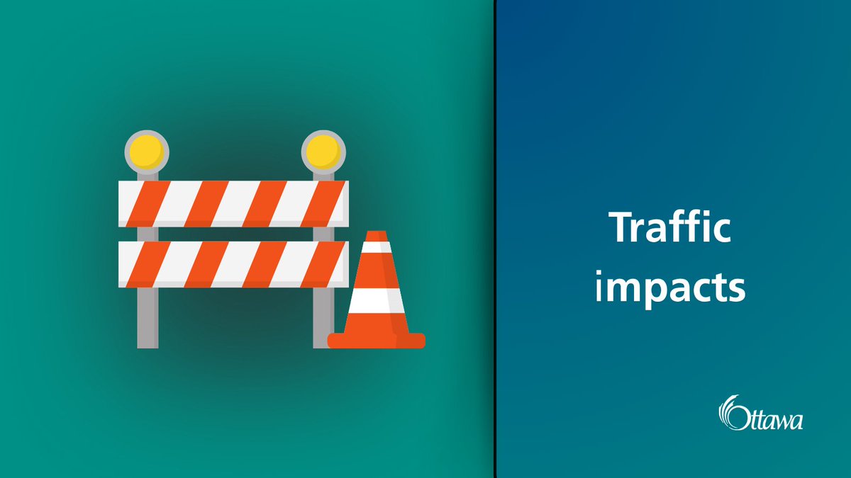A graphic with a blue and green background with a pictogram of a construction gate. Traffic impacts is written on the side.